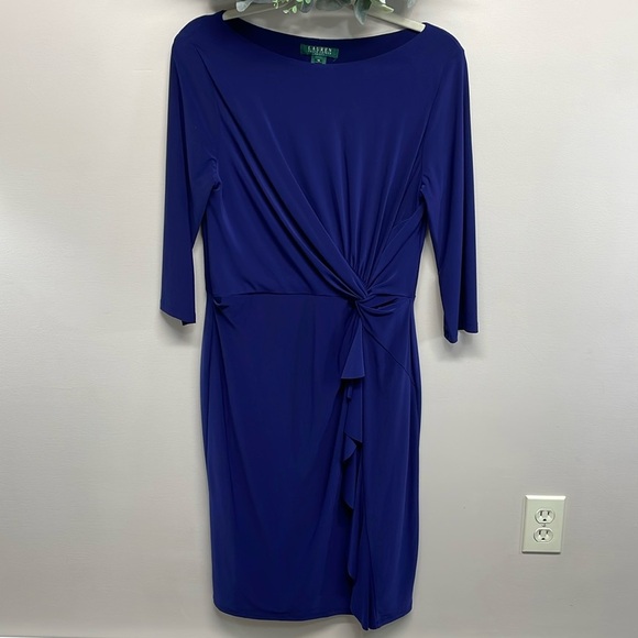 Lauren Ralph Lauren Navy Twist Front Stretch Jersey 3/4 Sleeve Midi Dress 12 - Picture 1 of 16